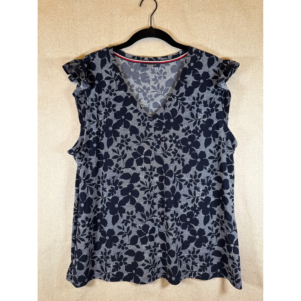 Tommy Hilfiger Womens XL Navy Blue Floral V-Neck Ruffle Sleeve Blouse Top